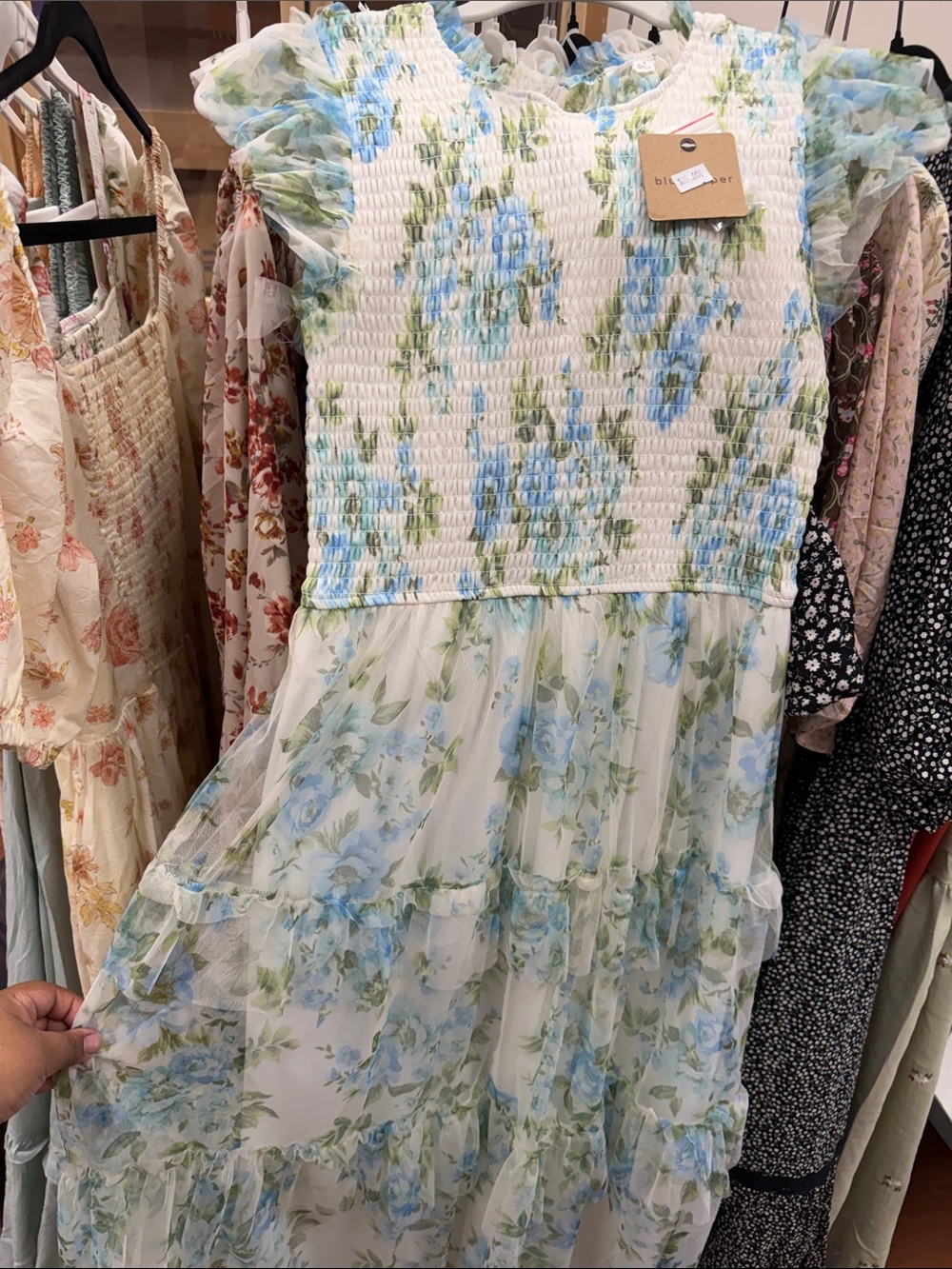 Blu Pepper White Floral Smocked Midi Dress with Blue and Green Print - Picture 3 of 4